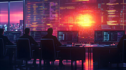 Software Development Team Working Late at Night: Programming, Coding, Cybersecurity