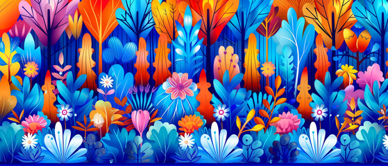 Wall Mural - A colorful forest with many trees and flowers. The flowers are in various colors and sizes, and the trees are tall and green. Scene is peaceful and serene, with the bright colors of the flowers