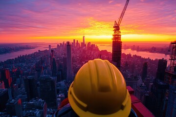 Poster - Construction Worker Looking at New York City Skyline at Sunset