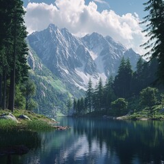 Wall Mural - A serene lake with snow-capped mountains reflecting in the water.