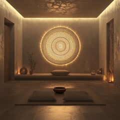 Wall Mural - A serene meditation room with a circular wall decoration, two cushions, and a bowl on a platform.