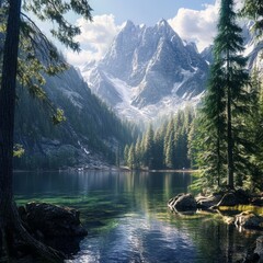 Wall Mural - A serene mountain lake nestled amongst towering pines with snow-capped peaks in the background.