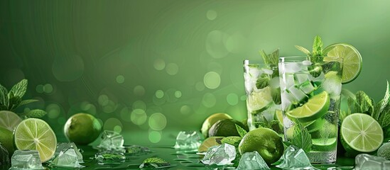 Aufkleber - Fresh Mojito cocktail with limes and mint served in a glass on a green background perfect for a copy space image