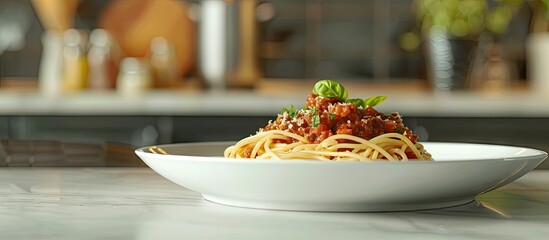 Poster - A plate of spaghetti bolognese showcased for articles recipe books or design work next to copy space image