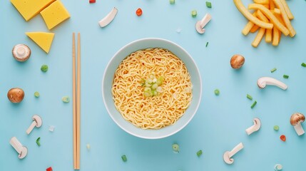 Wall Mural - A minimalist flat lay of ramen noodles, chopsticks, and various toppings like mushrooms and green onions.