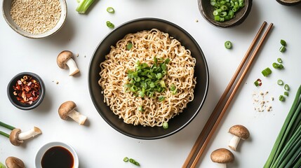 Wall Mural - A minimalist flat lay of ramen noodles, chopsticks, and various toppings like mushrooms and green onions.