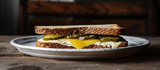 Poster - Plate featuring a homemade pickle sandwich with mayo and cheese captured from the side with copy space in the image