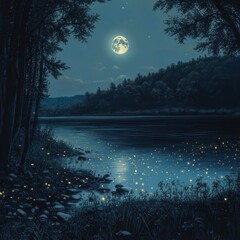 Wall Mural - A serene night scene with a full moon illuminating a river, surrounded by trees, with fireflies flickering on the water's edge.