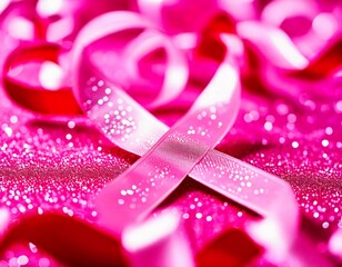 A pink ribbon is prominently displayed on a shimmering pink surface, symbolizing hope and awareness during a charity event focused on cancer support. Generative AI