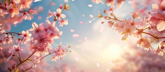 Leinwandbilder - Cherry blossom branches set against a blue sky create a dreamy and romantic spring landscape with a panoramic view providing a perfect copy space image
