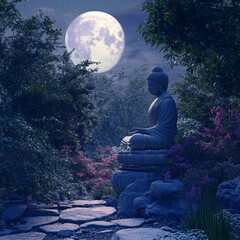 Sticker - A serene statue of Buddha sits amidst a lush garden under a full moon, evoking tranquility and peace.