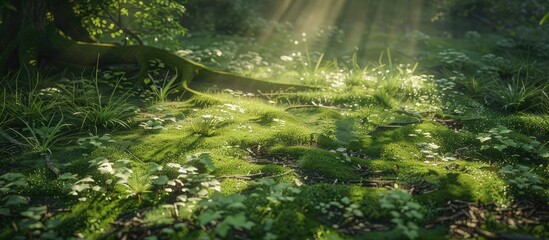 Fototapete - European forest showcasing moss covered branches on the forest floor with copy space image