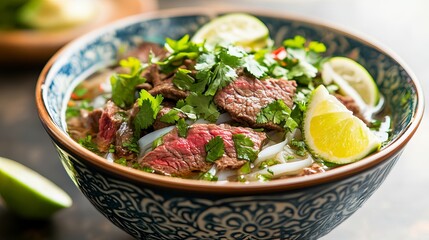 Wall Mural - A vibrant bowl of Vietnamese pho with fresh herbs, lime wedges, and beef slices served in a traditional bowl.