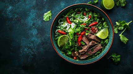 Wall Mural - A vibrant bowl of Vietnamese pho with fresh herbs, lime wedges, and beef slices served in a traditional bowl.