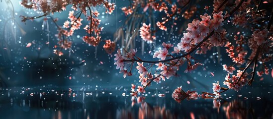 Leinwandbilder - A captivating nighttime scene of cherry blossoms or sakura with a copy space image