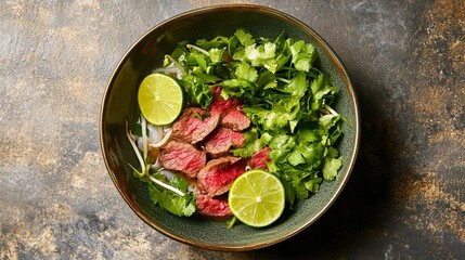 Wall Mural - A vibrant bowl of Vietnamese pho with fresh herbs, lime wedges, and beef slices served in a traditional bowl.