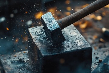 A Blacksmith's Hammer Striking a Metal Anvil, Sparks Flying