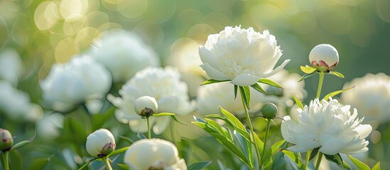 Fototapete - Blooming white peonies close up in a spring garden with a green natural background creating a beautiful bokeh effect for a copy space image
