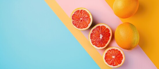 Aufkleber - Top view of a juicy grapefruit with slices on a colorful background a creative summer concept with half the citrus in a minimal flat lay featuring copy space image