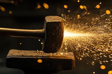 Canvas Print - Close-up of a Sledgehammer Striking Metal with Sparks Flying