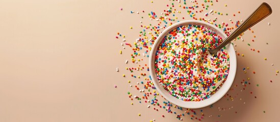 Aufkleber - Colorful sprinkles in a bowl with a spoon on a beige background with copy space image for customization