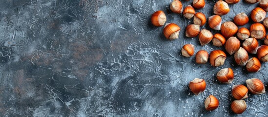 Poster - Top view of roasted hazelnuts on a gray stone surface with copy space image