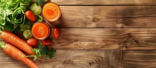 Wall Mural - Top down view of a glass of nutritious carrot juice and fresh veggies on a wooden surface ideal for adding text within the image. Creative banner. Copyspace image