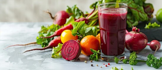 Aufkleber - Flat lay of ripe vegetables and a glass of fresh beet juice on a white table providing ample copy space for text