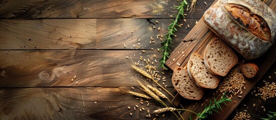 Poster - Wooden background with sliced bread wheat grains and thyme creating a picturesque copy space image