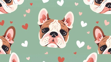 Wall Mural - 38. A seamless pattern featuring adorable cartoon bulldog faces and heart designs, all set against a light green background, creating a playful and charming visual