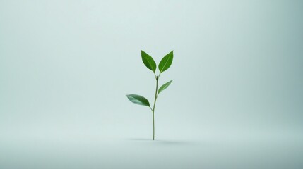 Poster - A Single Sprout with Green Leaves Against a Light Blue Background