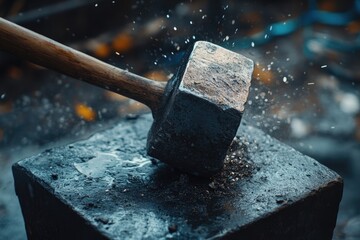 Wall Mural - Close-up of a Hammer Striking a Metal Anvil