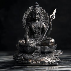 Sticker - A silver statue of a Hindu goddess with a trident sitting on a lotus throne.