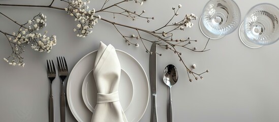 Poster - A chic arrangement of silverware napkin plate and dry branch on a light grey table seen from above perfect for a copy space image