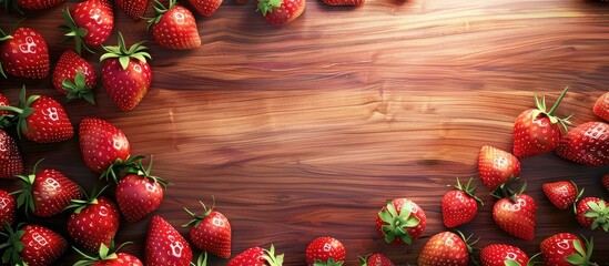 Poster - Colorful background with ripe strawberries on a wooden board ideal for copy space image