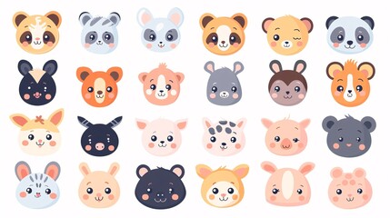 59. A big set of endearing animal faces, including a variety of zoo, wild, farm, pet, rodent, and reptile animals, illustrated in a cute kawaii style on a white background, ideal for baby designs