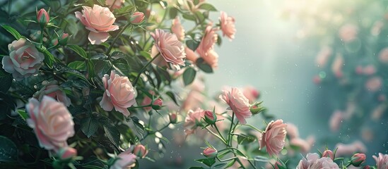 Aufkleber - Summer garden with delicate pink roses blooming showcasing a charming and fragile display with copy space image available
