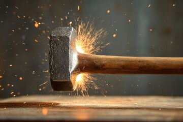 Poster - A Hammer Striking a Metal Surface, Generating Sparks