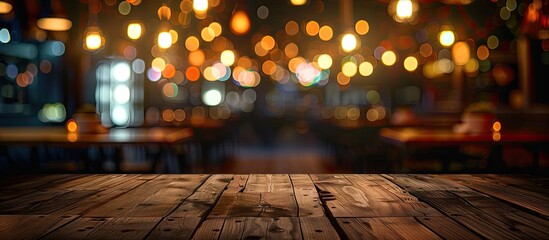 Fototapete - A chic nocturnal restaurant setting is captured with a blurred lively scene showcasing an empty wooden table with ideal copy space for food related displays or advertising
