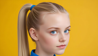 Wall Mural - A young Caucasian girl with long blonde hair in a ponytail, blue eyes, and a friendly smile against a bright yellow background