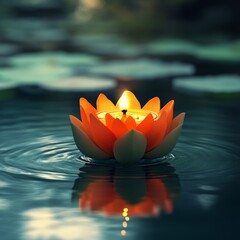 Poster - A single lit lotus candle floats on a pond, with water ripples and lily pads in the background.