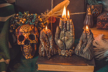 Mystical scene with candles. Fate prediction. Halloween concept, details and décor for home