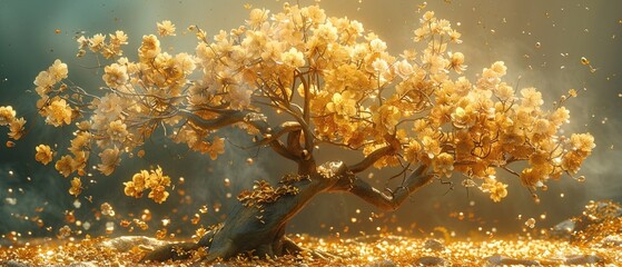 Enchanting golden money tree in full bloom with golden