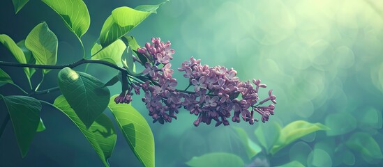 Aufkleber - A vibrant lilac flower blossoming on a lush green branch on a sunny spring day with copy space image