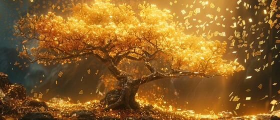 Enchanting golden money tree in full bloom with golden