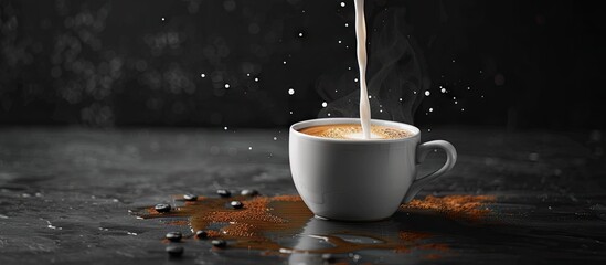 Aufkleber - In a studio setting milk is being poured into freshly brewed coffee in a professional setup with a designated area for inserting images. Creative banner. Copyspace image
