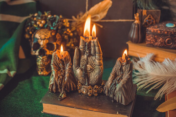 Mystical scene with candles. Fate prediction. Halloween concept, details and décor for home