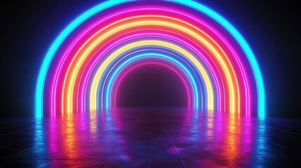 Wall Mural - A vibrant neon rainbow arching over a reflective surface, illuminating a dark space with colorful lights and captivating energy.