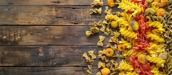 Poster - Top view of various pasta types with vegetables on a rustic wooden surface providing free copy space image