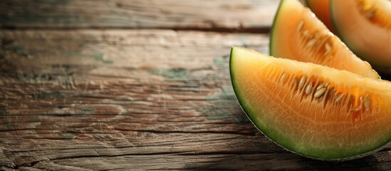 Aufkleber - Fresh sliced muskmelon isolated on a wooden background with copy space image